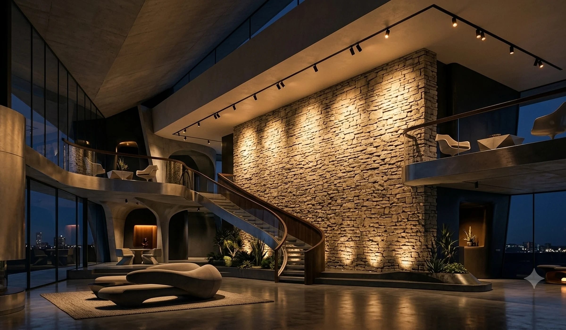 Indoor LED lights illuminating a modern living space with warm architectural light