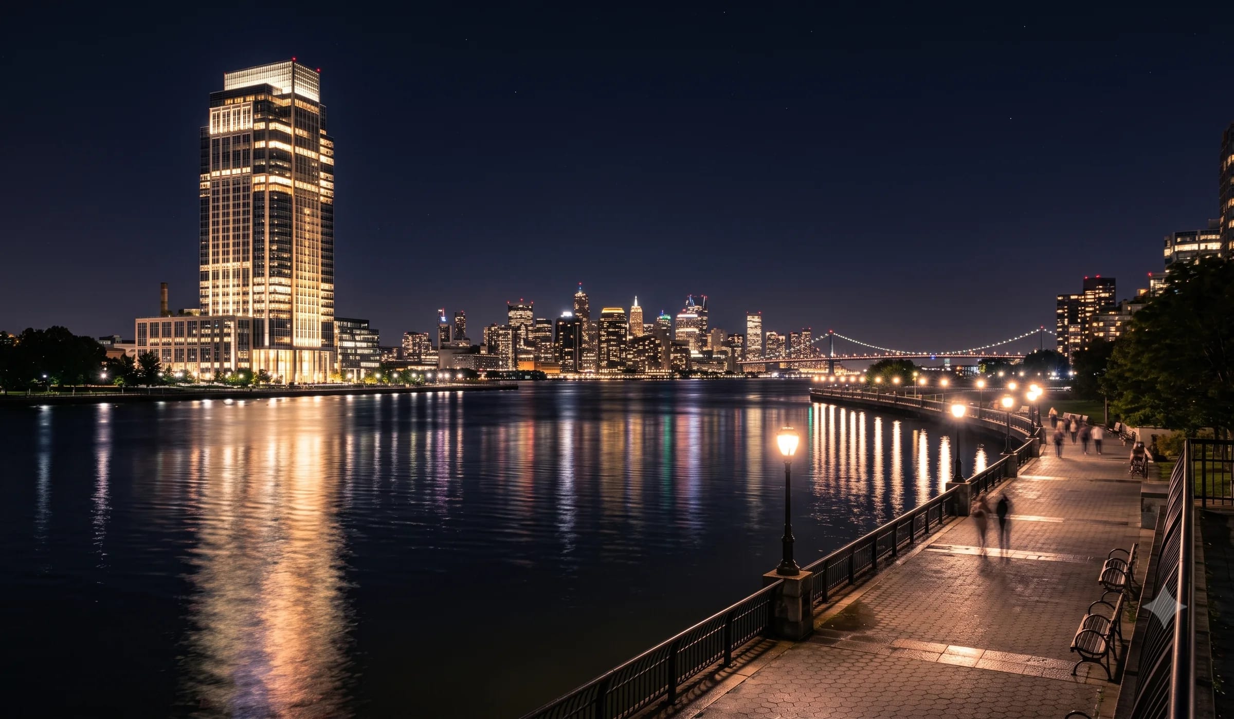 Outdoor lights on a city skyline with architectural façade lighting at night