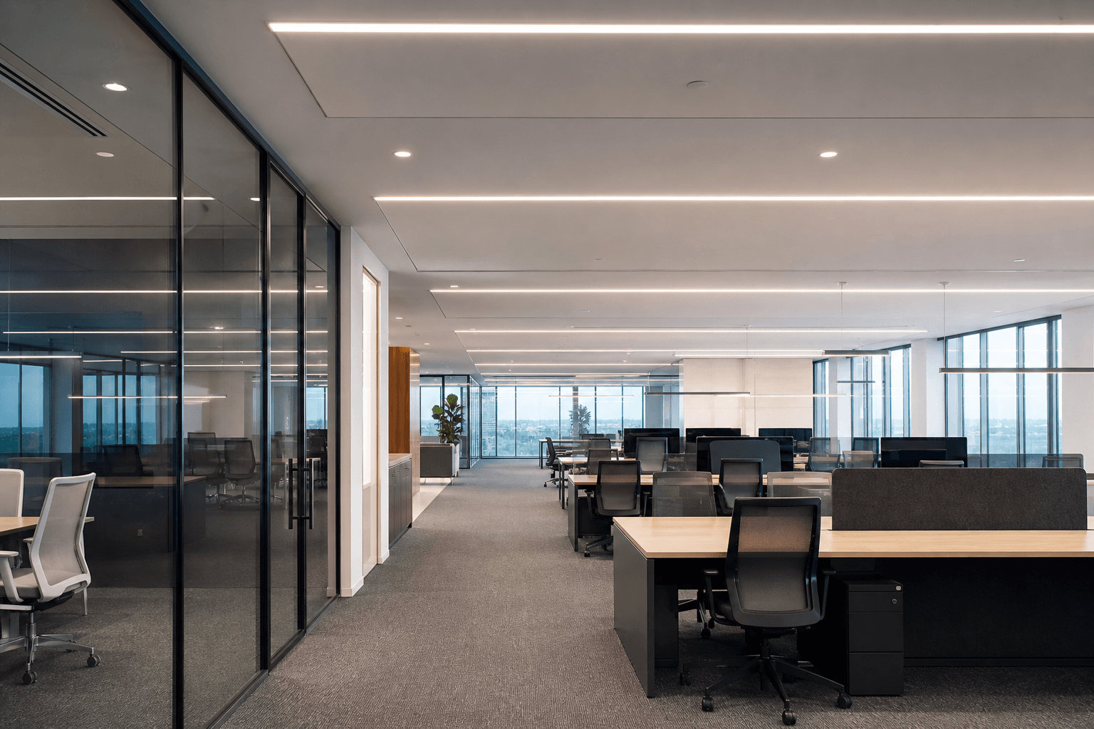 Modern office interior with architectural LED lighting