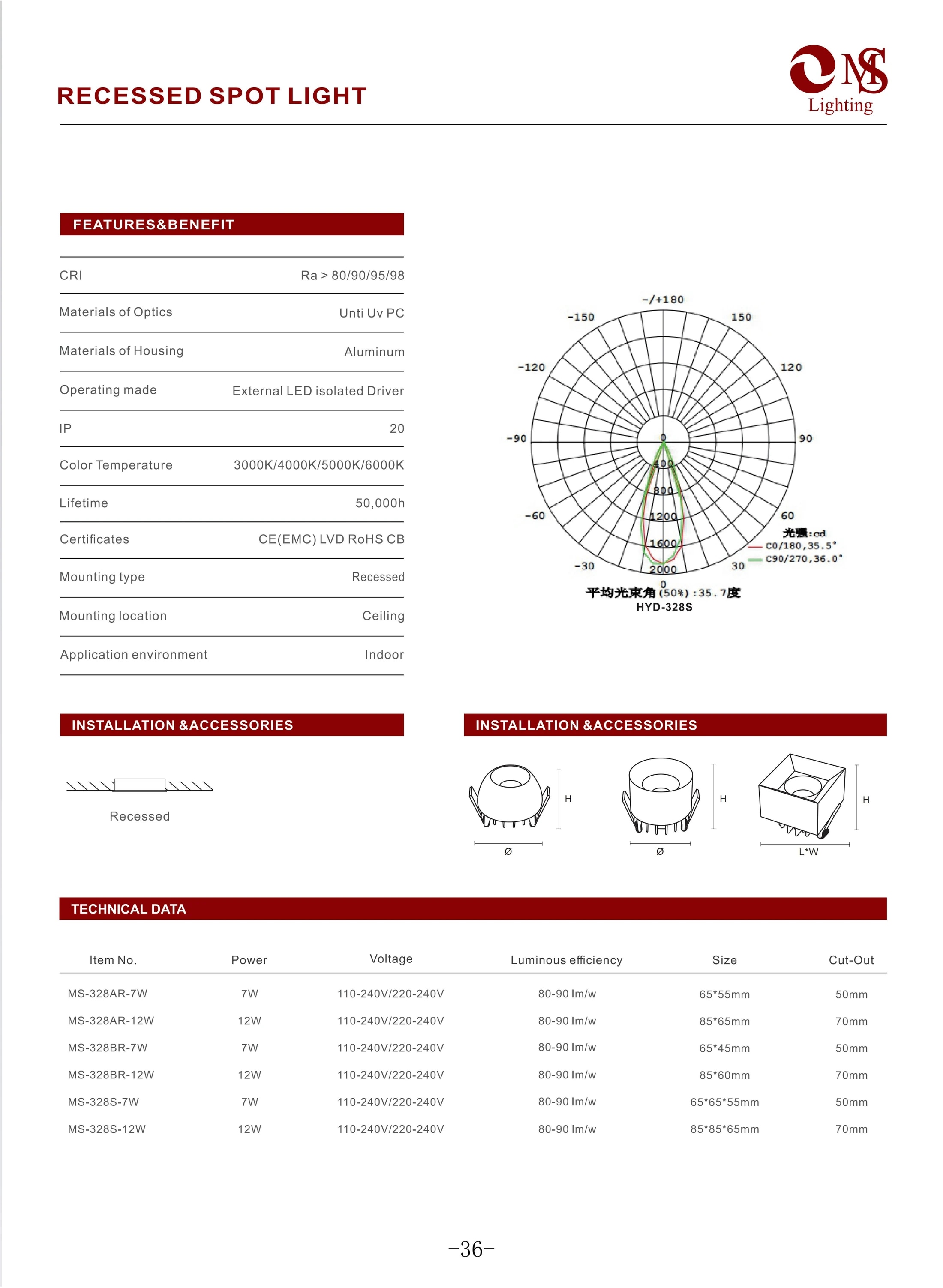 MS-328AR Recessed Spot Light specifications