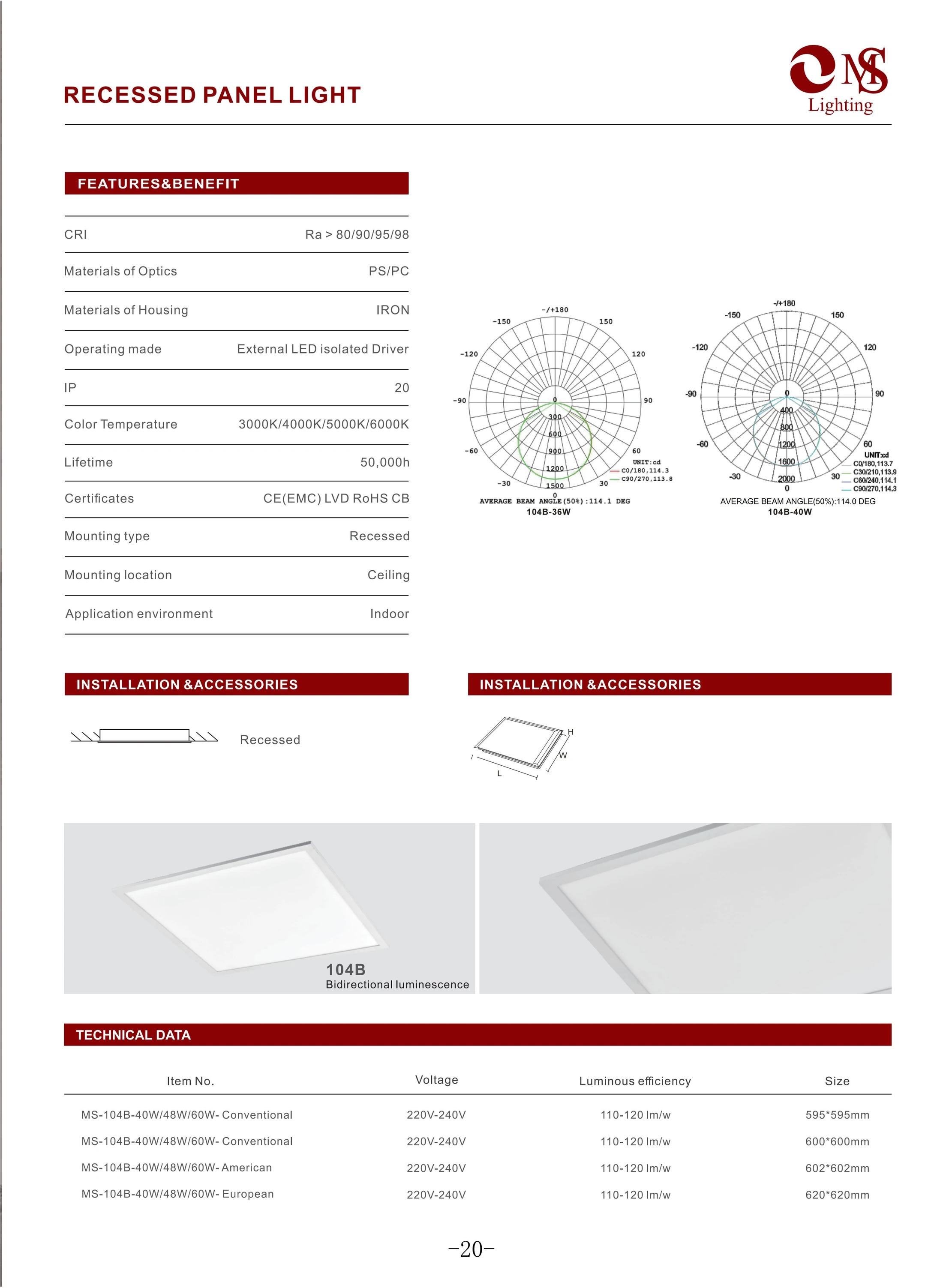 MS-1140 Recessed Panel Light specifications