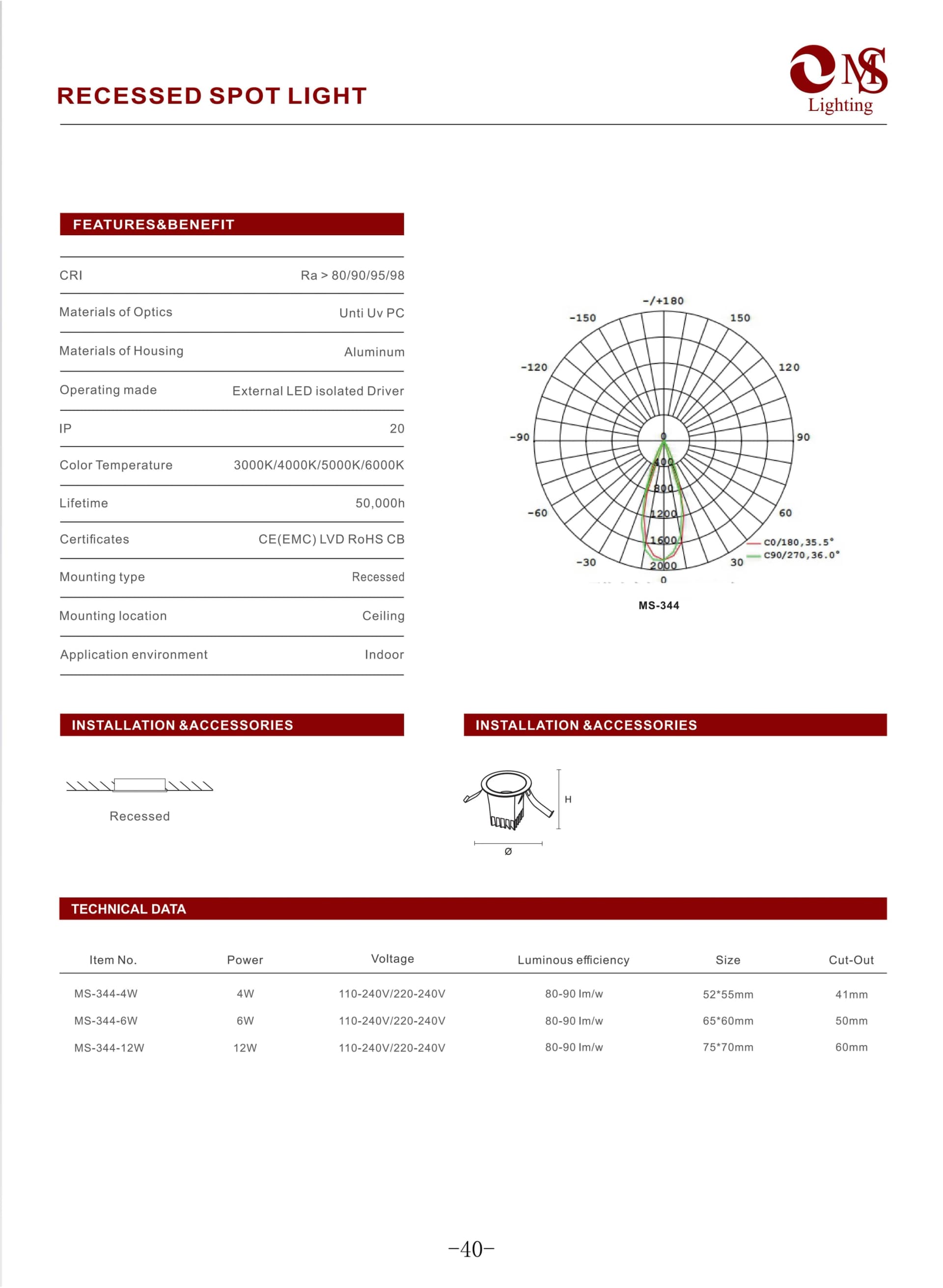 MS-344 Recessed Spot Light specification sheet