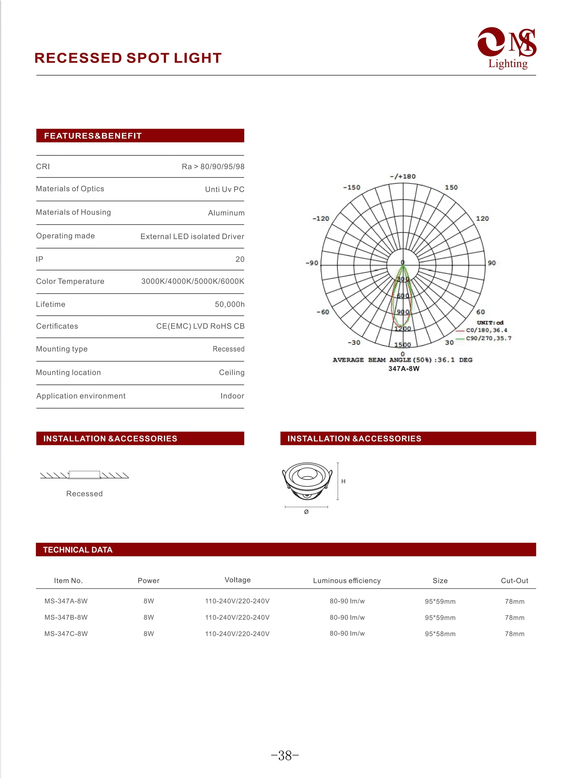 MS-347A Recessed Spot Light specifications