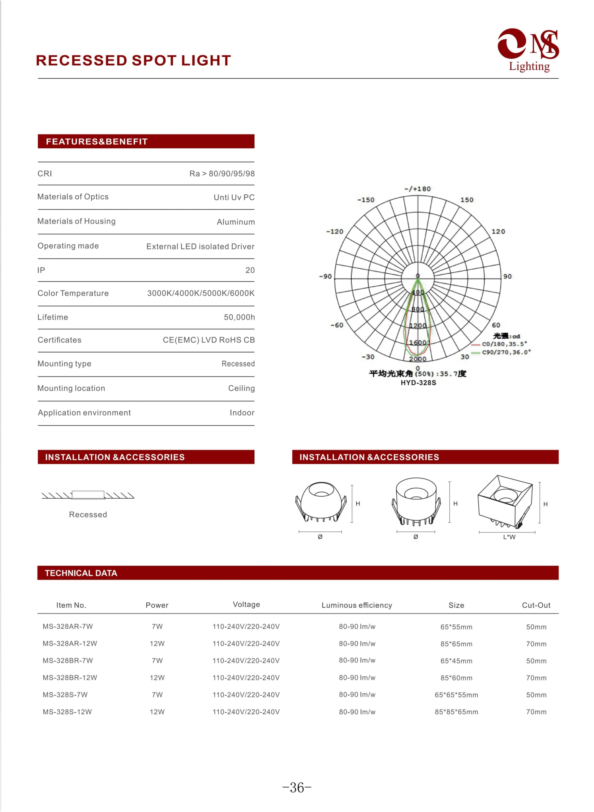 MS-328AR Recessed Spot Light specification sheet