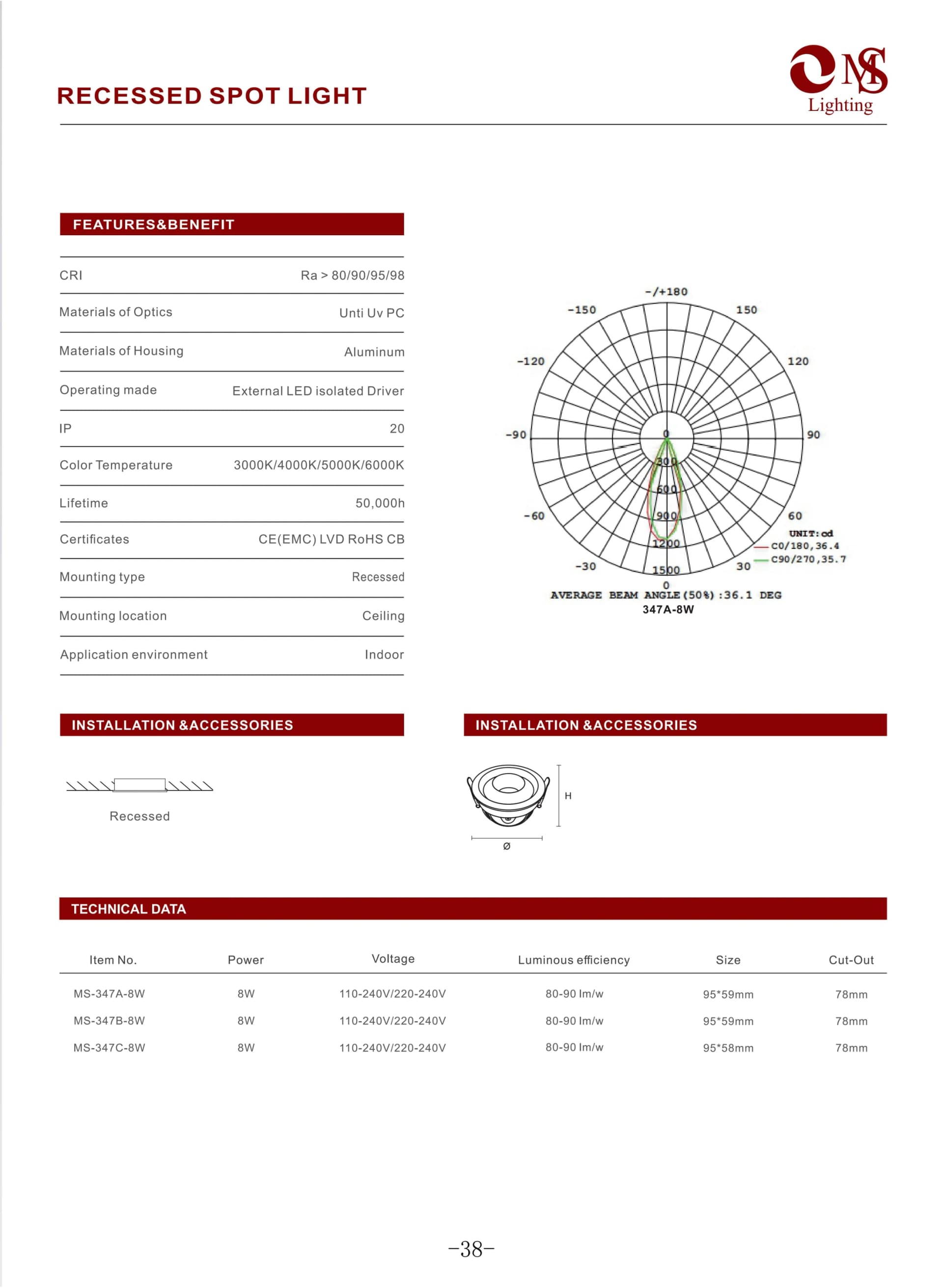 MS-347A Recessed Spot Light specification sheet